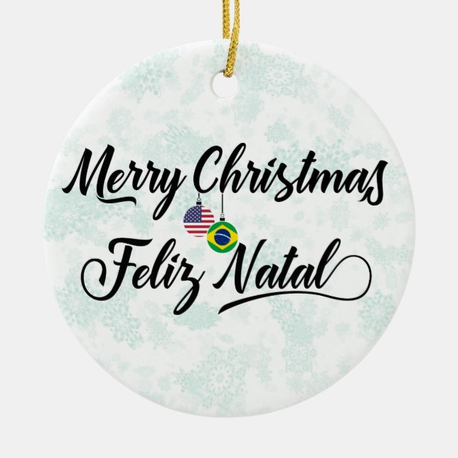 Brazilian American Holiday Decoration, Feliz Natal Keramik Ornament (Vorne)