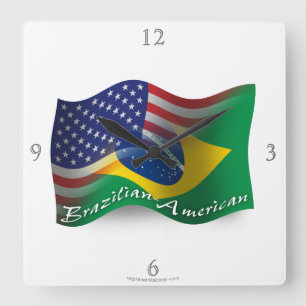 Brazilian-American Waving Flag Quadratische Wanduhr