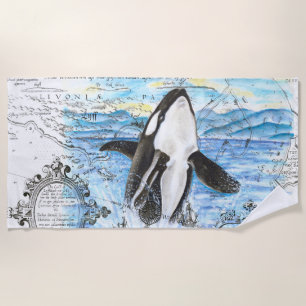 Breaching Orca Whale Alte Karte Strandtuch