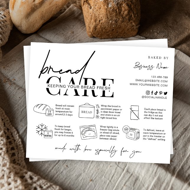 Bread Loaf Minimalist Baker Care Instructions Card Dankeskarte (Fresh bread loaf care instructions card with icons, space for your business info and thank you note)