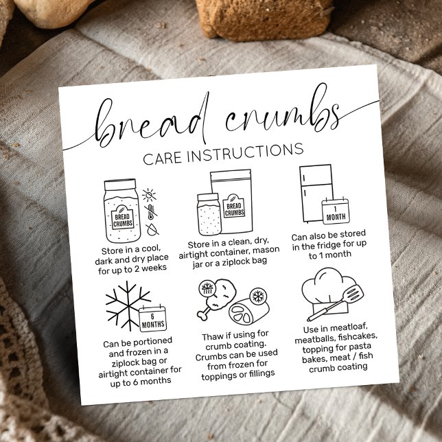 Breadcrumbs Care Guide Minimal Logo Brot Bäckerei Quadratische Visitenkarte (Minimalist sourdough bread crumbs care instructions cards with care icons, stylish calligraphy font)