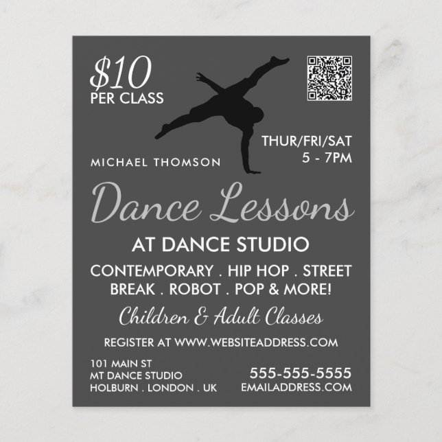 Break Dancer Silhouette, Tanzlei Werbung Flyer (Vorne)