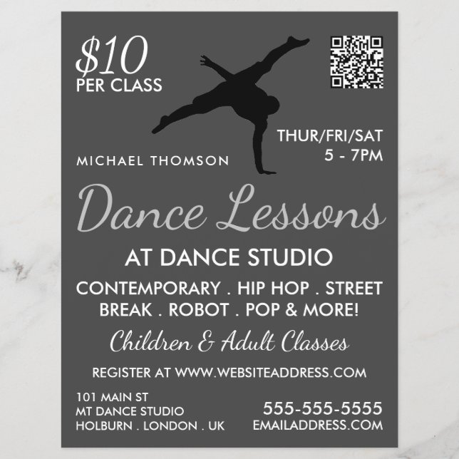 Break Dancer Silhouette, Tanzlei Werbung Flyer (Vorne)