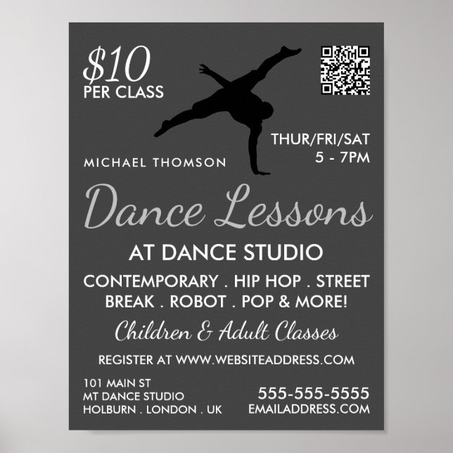 Break Dancer Silhouette, Tanzlei Werbung Poster (Vorne)