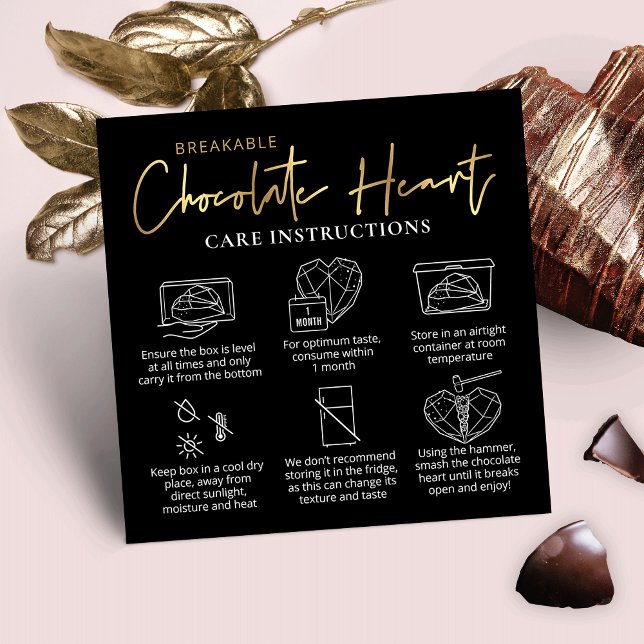 Breakable Chocolate Heart Care Guide Black & Gold Quadratische Visitenkarte (Black and gold breakable chocolate heart care instructions cards with space for your logo)