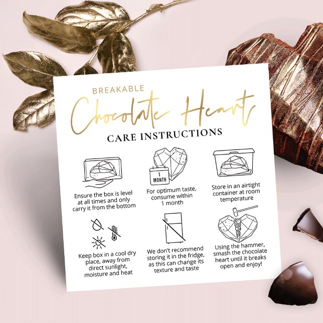 Breakable Chocolate Heart Care Guide White & Gold Quadratische Visitenkarte (Make luxurious Breakable Chocolate Heart Care Cards with this white and faux gold card design)