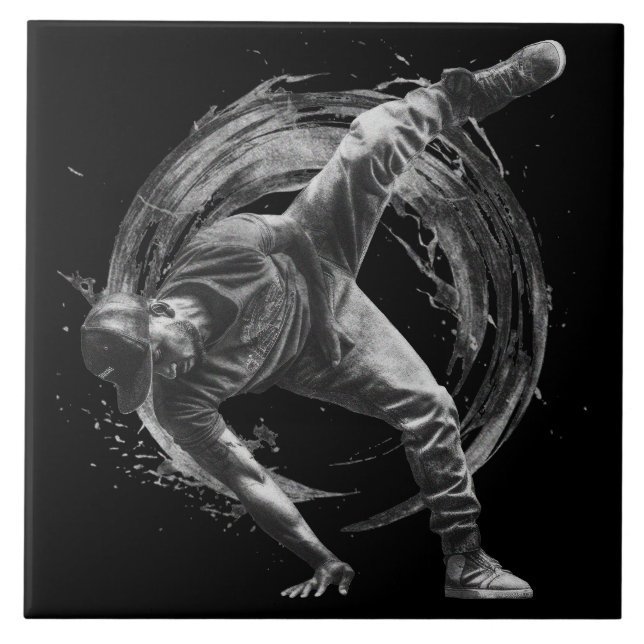 Breakdance Urban Style Monochrome Motion Art Fliese (Vorderseite)