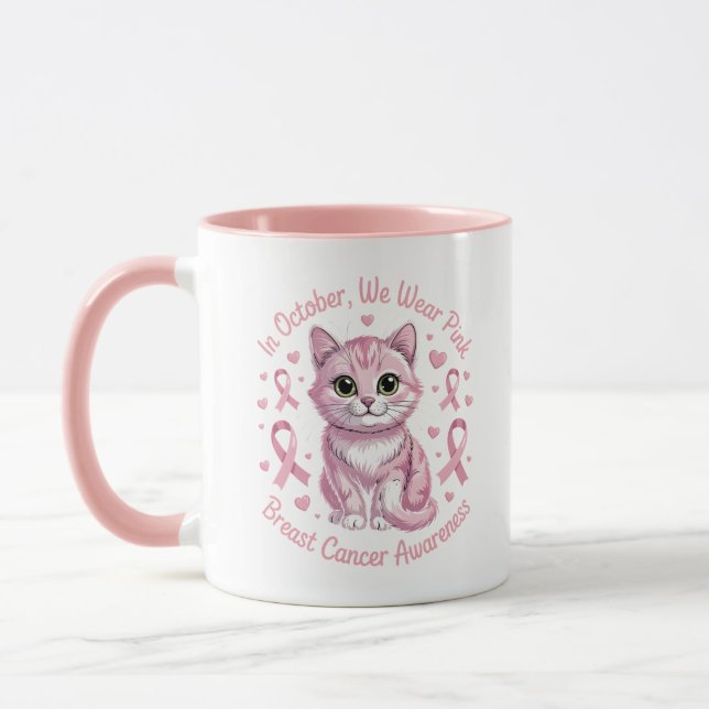 Breast Cancer Awareness Cat in October We Wear Tasse (Links)