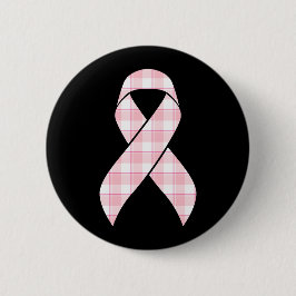 Breast Cancer Awareness Plaid Pink Ribbon Button