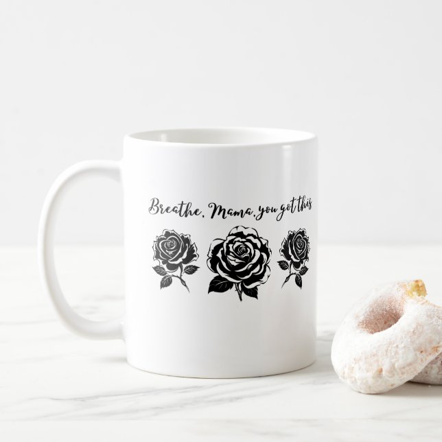 Breathe Mama Floral Motivierend Quote Silhouette Kaffeetasse (Mit Donut)