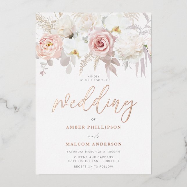 Breathtaking Rose Gold & Blush Floral Wedding Real Folieneinladung (Vorderseite)