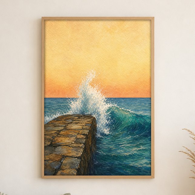 Brecher am Jetty-Wasserfarben-Küstenposter Poster (Shown framed for scale. Poster ships unframed; frames are an optional add-on.)