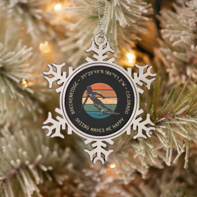 Breckenridge, Colorado - weiblicher Skier, Goldtex Schneeflocken Zinn-Ornament (Baum)