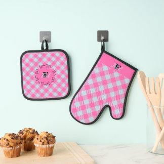 "Breezy Blue, Hot Pink" Gingham individuell anpass Ofenhandschuh & Topflappen-Set