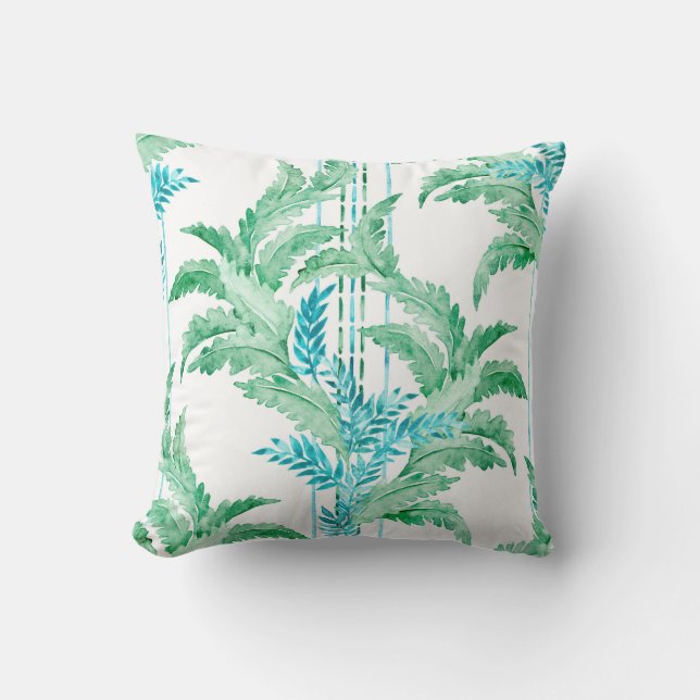 Breezy Cool Blue und Green Watercolor-Blätter Kissen (Vorderseite)