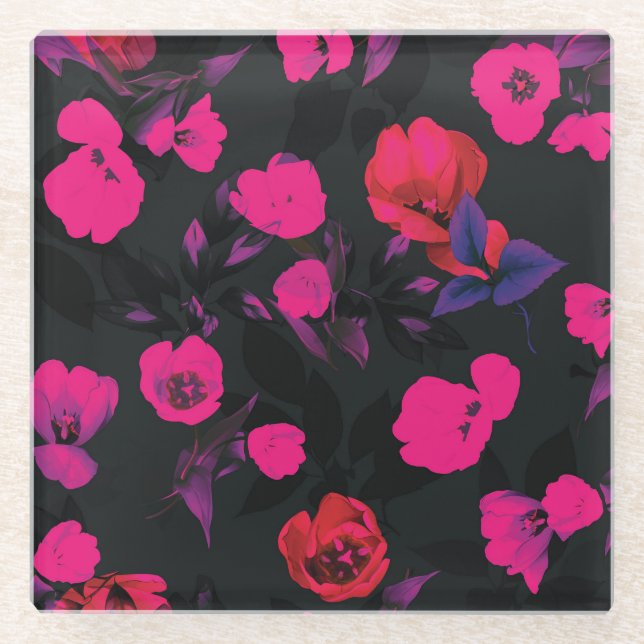 Breite Vintage, florale, stilisierte Tulpen. Glasuntersetzer (Vorderseite)