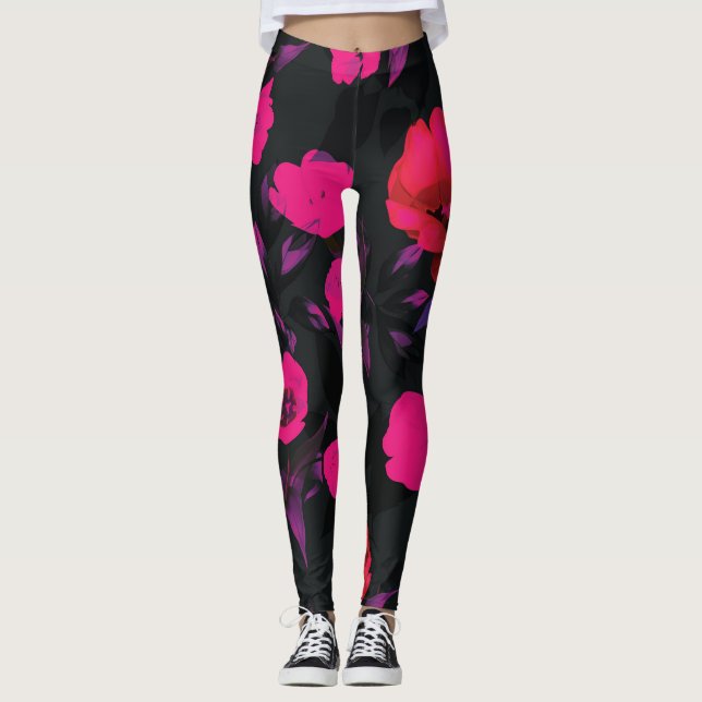 Breite Vintage, florale, stilisierte Tulpen. Leggings (Vorderseite)