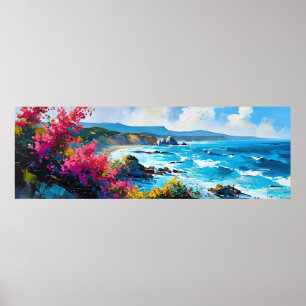 Breiter Strand mit mediterranem Meer und Felsen Poster