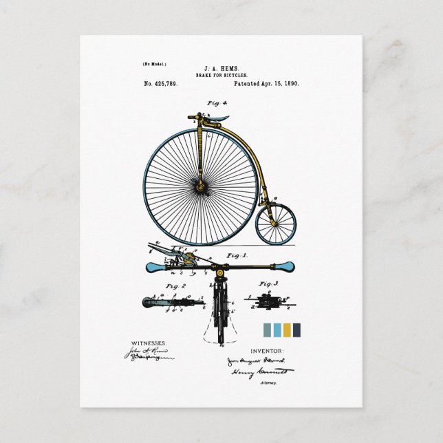 Bremse für Fahrräder - J. A. Hems Patent gefärbt Postkarte (Vorderseite)