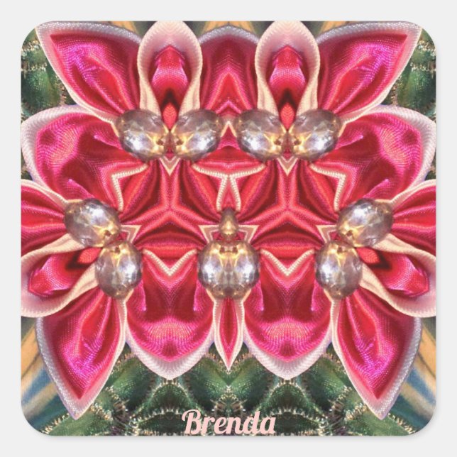 BRENDA ~ Shades Green, Silver, Pink Quadratischer Aufkleber (Vorderseite)