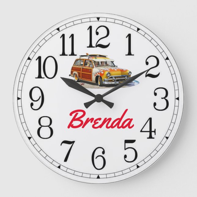 Brenda's Surfer Girl Woody Large Clock Große Wanduhr (Vorderseite)