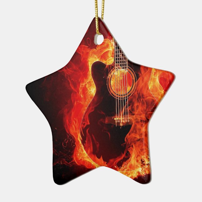 Brennende Gitarre, Orange Flames Music Rock Band Keramik Ornament (Links)