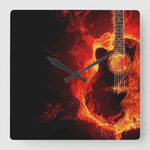 Brennende Gitarre, Orange Flames Music Rock Band Quadratische Wanduhr