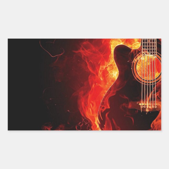 Brennende Gitarre, Orange Flames Music Rock Band Rechteckiger Aufkleber (Vorderseite)