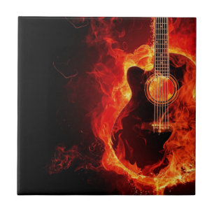 Brennende Gitarre, orange Flammen Musik Rockband Fliese