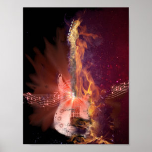 Brennende Gitarre und Bild der musikalischen Notiz Poster