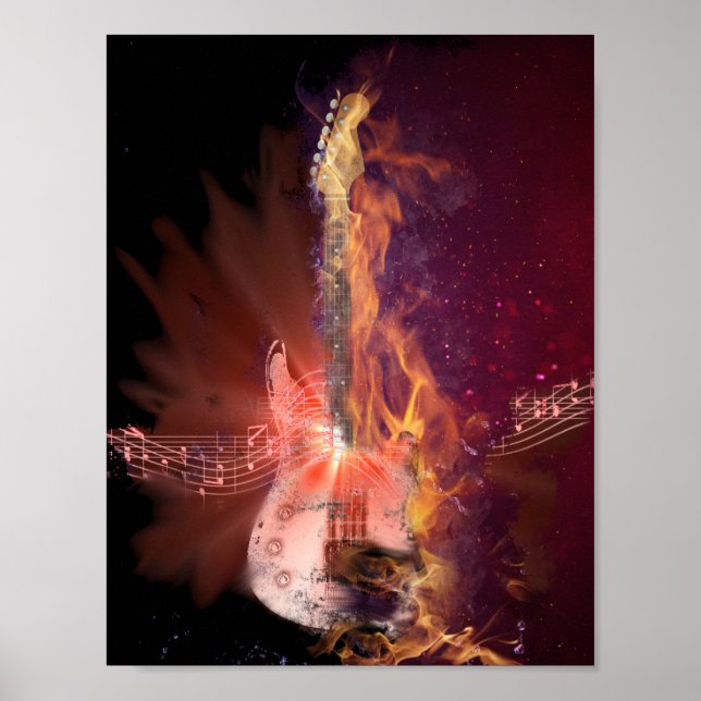 Brennende Gitarre und Bild der musikalischen Notiz Poster (Vorne)