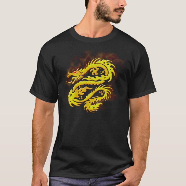 Brennende goldene Drache-Kunst auf schwarzem T - T-Shirt (Vorderseite)