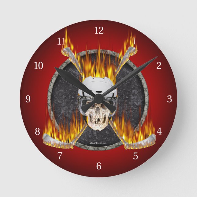 Brennende Hockey-Stöcke Runde Wanduhr (Vorderseite)