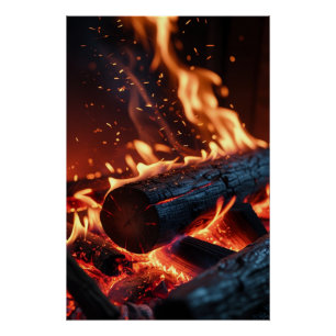 Brennende Holzscheite – Poster mit Glut und Funken