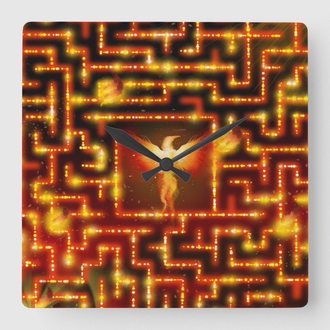 Brennende Labyrinth-Uhr Phoenix Quadratische Wanduhr (Vorderseite)