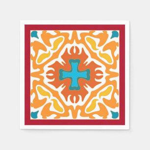 Brennende orange spanische Fliese mit blauen Serviette