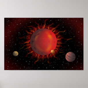 Brennender roter Riesenstern und Planeten, die zu Poster