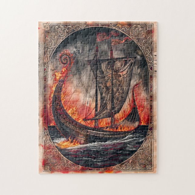 Brennendes Wikinger-Schiff bei Bestattungsritual Puzzle (Vertikal)