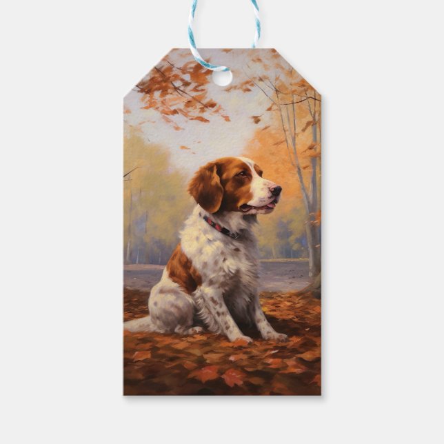 Bretagne Spaniel im Herbst Leaves Fall Inspiriert Geschenkanhänger (Vorderseite)
