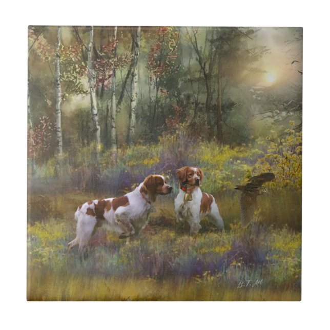 Bretagne-Spaniels, Holzjagd, Kunst Fliese (Vorderseite)