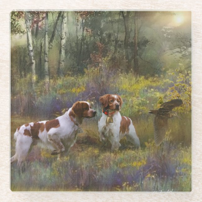 Bretagne-Spaniels, Holzjagd, Kunst Glasuntersetzer (Vorderseite)