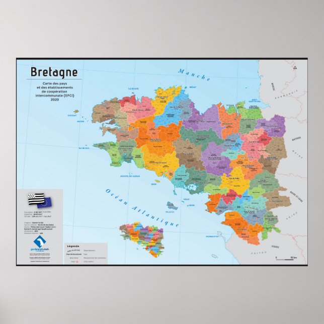 Bretagne, Verwaltungskarte 2020 Poster (Vorne)