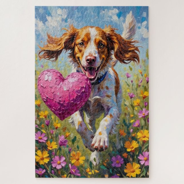 Bretonischer Spaniel Hund Valentinstag Rosa Attrap Puzzle (Vertikal)
