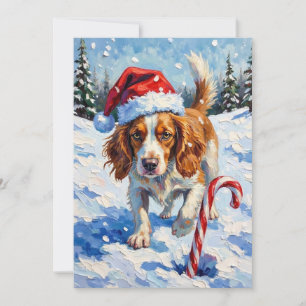 Bretonischer Spaniel Hund zeigt auf Weihnachtsbonb Feiertagskarte