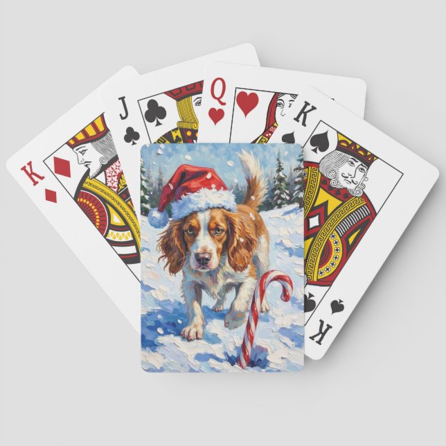 Bretonischer Spaniel Hund zeigt auf Weihnachtsbonb Spielkarten (Rückseite)