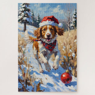 Bretonischer Spaniel jagt Weihnachtsschmuckhut Puzzle