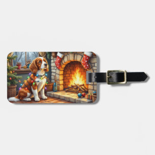Bretonischer Spaniel Kamin mit Weihnachtslichtern Gepäckanhänger