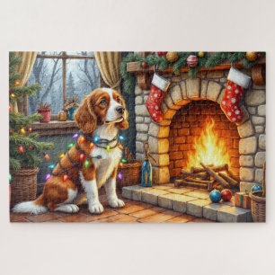Bretonischer Spaniel Kamin mit Weihnachtslichtern Puzzle