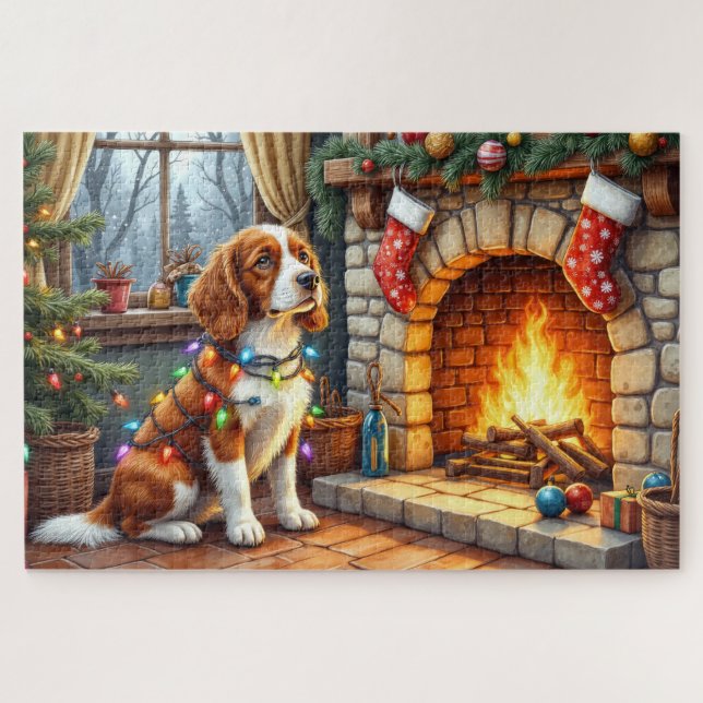 Bretonischer Spaniel Kamin mit Weihnachtslichtern Puzzle (Horizontal)