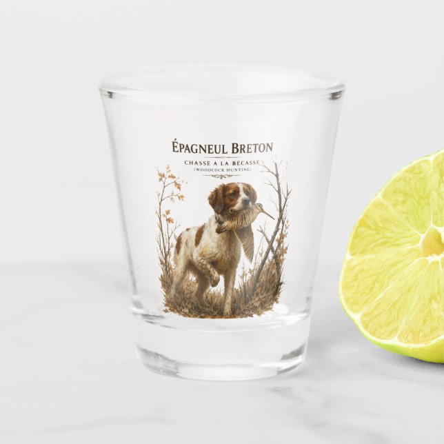 Bretonischer Spaniel und Waldschnepfe  Schnapsglas (Vorderseite)